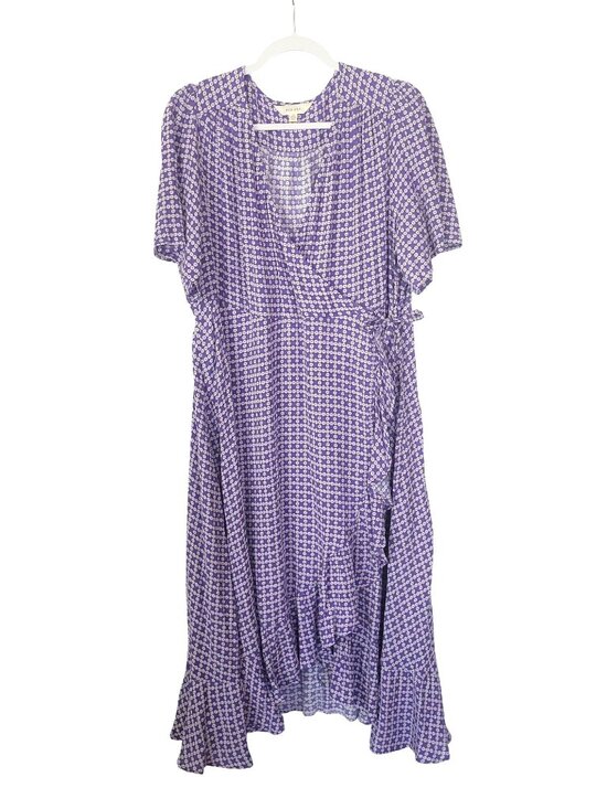 per una Dresses & Skirts - Per Una Purple Floral Midi Dress 20 Wrap Style Short Flutter Sleeve Ruffle Hem